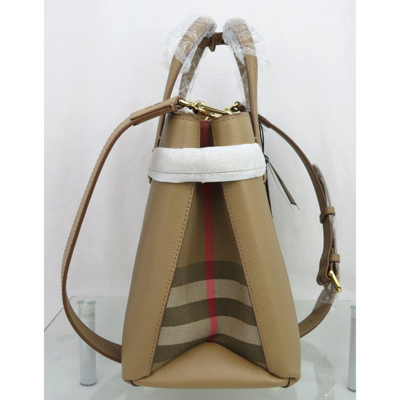 $1790 BURBERRY MD BANNER CAMEL TAN LEATHER CHECK LOGO SHOULDER MEDIUM TOTE BAG - Picture 2 of 13